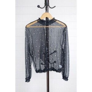 Black Sheer Pearl Embellishments Long Sleeve High Neck shirring 2x
